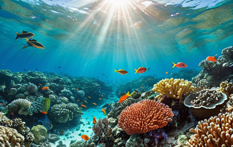 **
A vibrant coral reef teeming with colorful fish, observed by snorkelers wearing well-fitting masks and fins. Sunlight streams through the clear turquoise water, illuminating the diverse marine life. The scene emphasizes the importance of respecting and protecting the delicate coral ecosystem.
**
