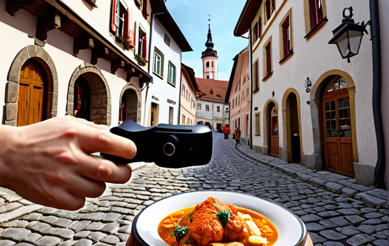 An immersive scene showcasing the fusion of cutting-edge digital transformation and authentic regional experiences in a picturesque European setting, reminiscent of the Bavarian Alps or Austrian countryside. A traveler, wearing a modern yet discreet VR headset, is virtually exploring the winding cobblestone streets of a charming small town, with subtle augmented reality overlays showing points of interest and real-time local craft markets. In the foreground, hands are seen preparing traditional regional dishes with fresh, locally sourced ingredients, symbolizing local value creation and sustainability. The light is warm and inviting, highlighting both advanced technology and timeless cultural heritage.