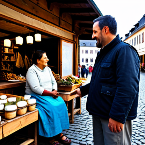 Home 8 A professional-looking male traveler in his late 30s, dressed in a modest casual jacket and neat trousers, engaging in a respectful conversation with a female local artisan in her 50s. The artisan is fully clothed in appropriate, traditional local attire, demonstrating a delicate craft at her stall in a charming, open-air market square of a historic German town. The background features authentic traditional architecture and other market stalls. The scene is bathed in warm, inviting natural light, emphasizing genuine human connection and cultural exchange. Perfect anatomy, correct proportions, natural pose, well-formed hands, proper finger count, natural body proportions, safe for work, appropriate content, fully clothed, modest, family-friendly.