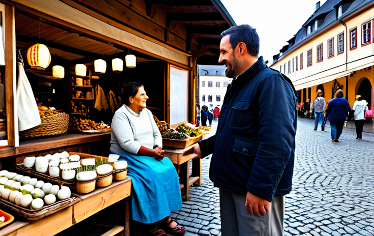 A professional-looking male traveler in his late 30s, dressed in a modest casual jacket and neat trousers, engaging in a respectful conversation with a female local artisan in her 50s. The artisan is fully clothed in appropriate, traditional local attire, demonstrating a delicate craft at her stall in a charming, open-air market square of a historic German town. The background features authentic traditional architecture and other market stalls. The scene is bathed in warm, inviting natural light, emphasizing genuine human connection and cultural exchange. Perfect anatomy, correct proportions, natural pose, well-formed hands, proper finger count, natural body proportions, safe for work, appropriate content, fully clothed, modest, family-friendly.