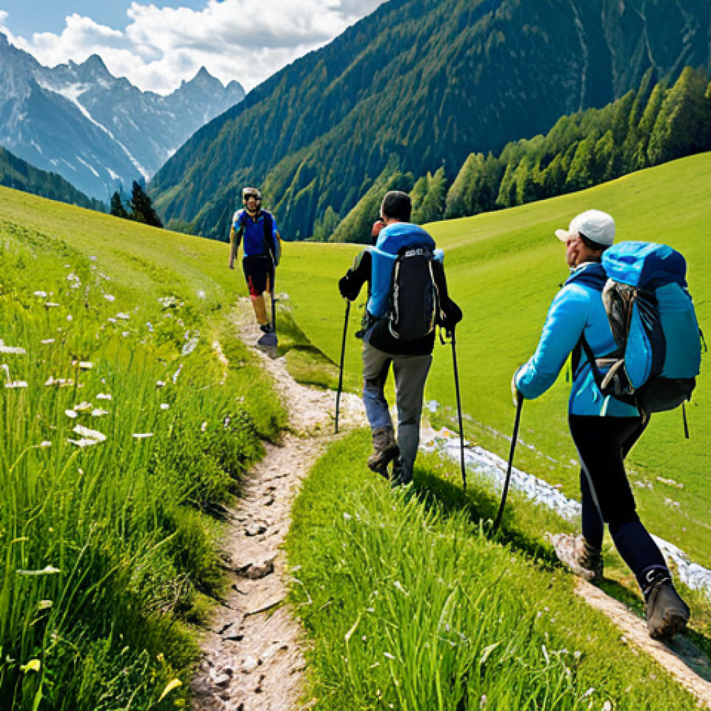 Sustainable Group Hiking Trip in the Bavarian Alps**

"A small group of diverse, smiling adults hiking on a well-maintained trail in the Bavarian Alps, Germany. They are fully clothed in appropriate hiking gear (boots, backpacks, weatherproof jackets). Lush green meadows and snow-capped mountains are in the background. Focus on showcasing sustainable tourism: reusable water bottles, minimal impact on the environment. safe for work, appropriate content, fully clothed, professional photography, natural proportions, family-friendly, modest, beautiful scenery, bright and sunny day, perfect anatomy, well-formed hands."

**