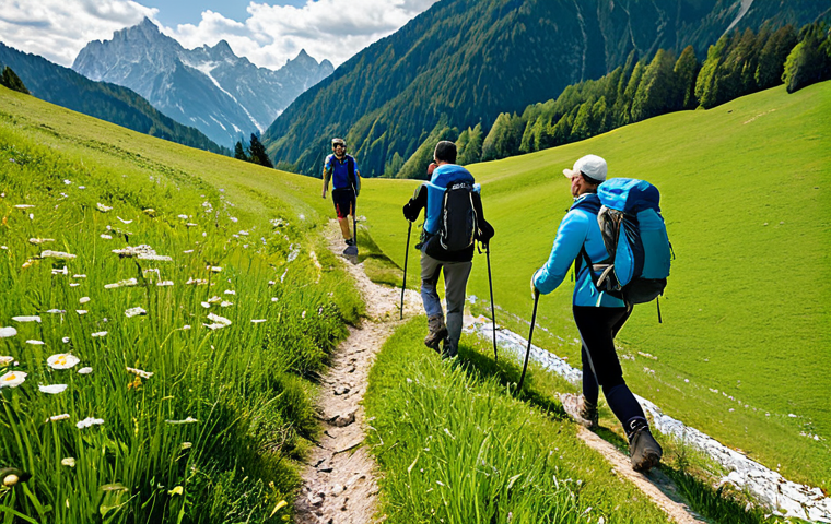 Sustainable Group Hiking Trip in the Bavarian Alps**

"A small group of diverse, smiling adults hiking on a well-maintained trail in the Bavarian Alps, Germany. They are fully clothed in appropriate hiking gear (boots, backpacks, weatherproof jackets). Lush green meadows and snow-capped mountains are in the background. Focus on showcasing sustainable tourism: reusable water bottles, minimal impact on the environment. safe for work, appropriate content, fully clothed, professional photography, natural proportions, family-friendly, modest, beautiful scenery, bright and sunny day, perfect anatomy, well-formed hands."

**