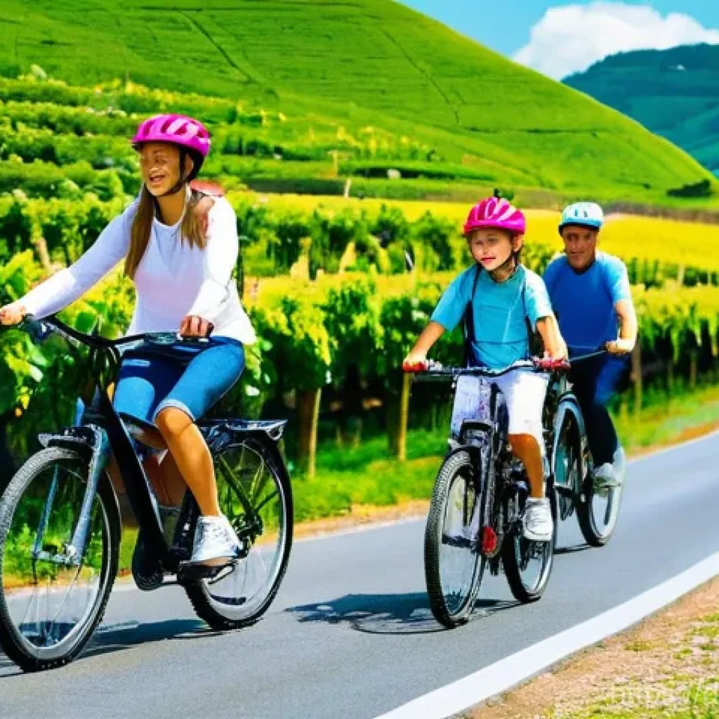 관광 정책 및 경제 개발 - **Sustainable Cycling in the Mosel Valley:** A picturesque, realistic photograph of a family of four...
