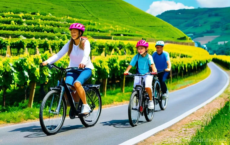 관광 정책 및 경제 개발 - **Sustainable Cycling in the Mosel Valley:** A picturesque, realistic photograph of a family of four...