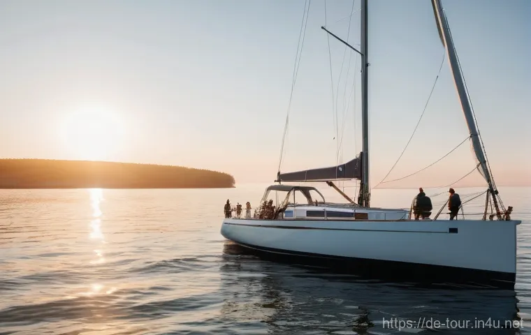 해양 관광 산업 - A peaceful and inspiring image of a small, modern sailing yacht on the calm waters of the Baltic Sea...