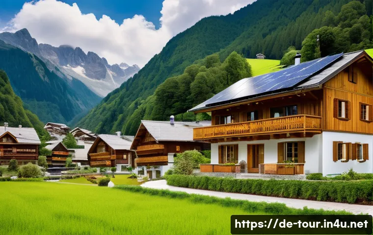 관광 개발 계획 - A picturesque alpine village showcasing sustainable tourism infrastructure: modern hotels with solar...