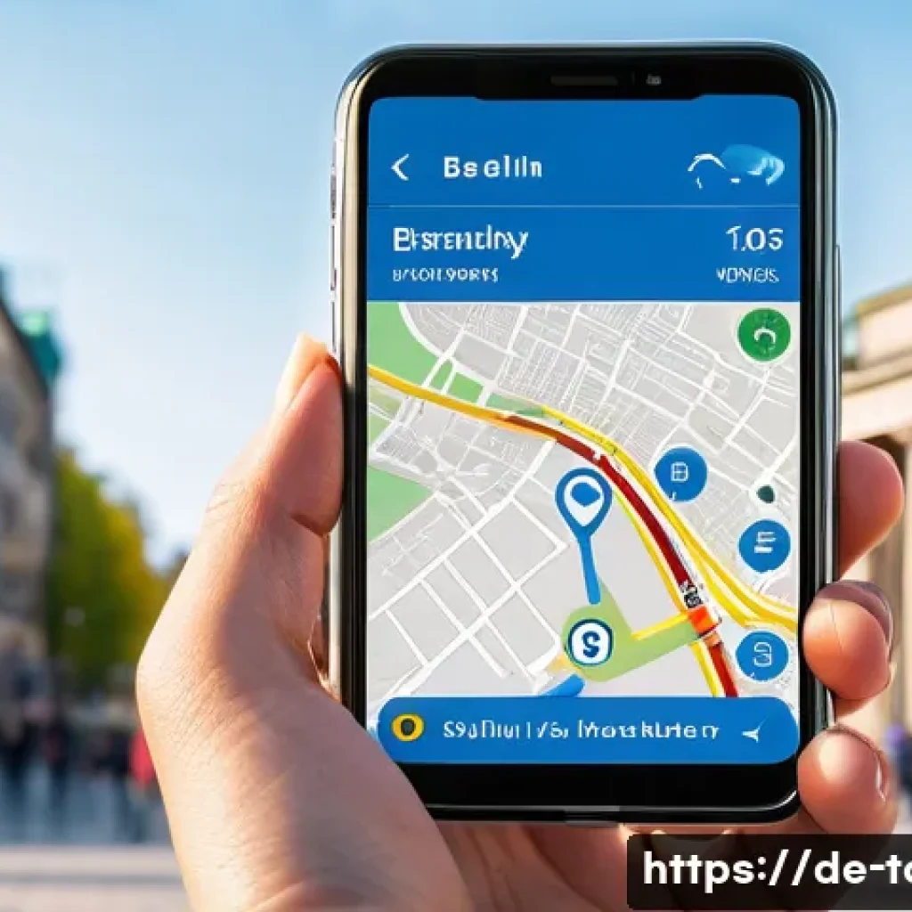 스마트 관광 기술 - A detailed digital city map interface displayed on a smartphone held by a tourist walking through a ...