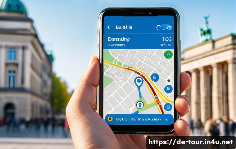 스마트 관광 기술 - A detailed digital city map interface displayed on a smartphone held by a tourist walking through a ...