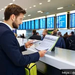 여행자 보호 법률 - A calm and composed German traveler at a busy airport information desk, holding flight documents and...