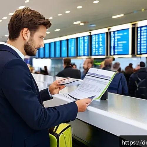 여행자 보호 법률 - A calm and composed German traveler at a busy airport information desk, holding flight documents and...