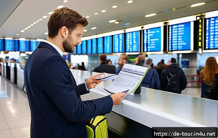 여행자 보호 법률 - A calm and composed German traveler at a busy airport information desk, holding flight documents and...
