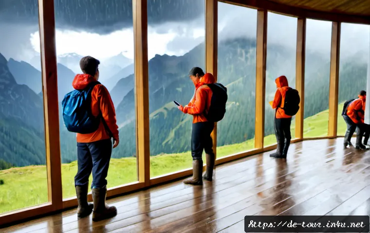 관광 재해 및 대처 방안 - Photorealistic travel safety scene in the German Alps: a diverse group of adult hikers in practical ...