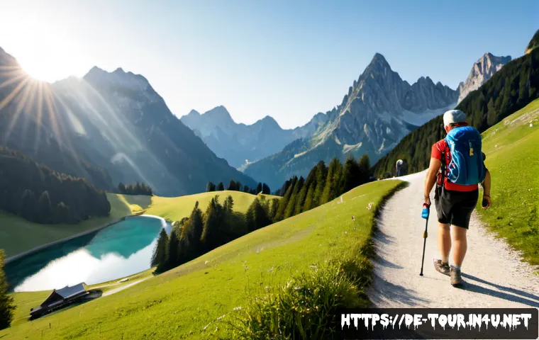 Home 17 지속 가능한 관광 - Photorealistic sustainable tourism scene in the Bavarian Alps, a middle-aged German couple with smal...