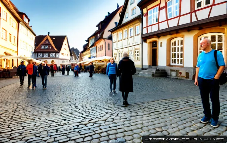 문화탐방 프로그램 - Photorealistic cultural exploration program scene in a historic German town, a small diverse group o...