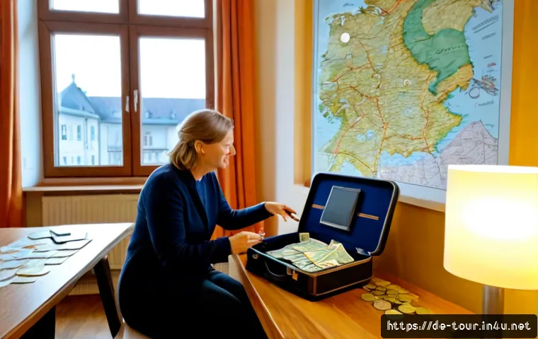관광 비용 효과 분석 - Photorealistic travel cost-effectiveness planning scene in a bright German apartment, middle-aged co...