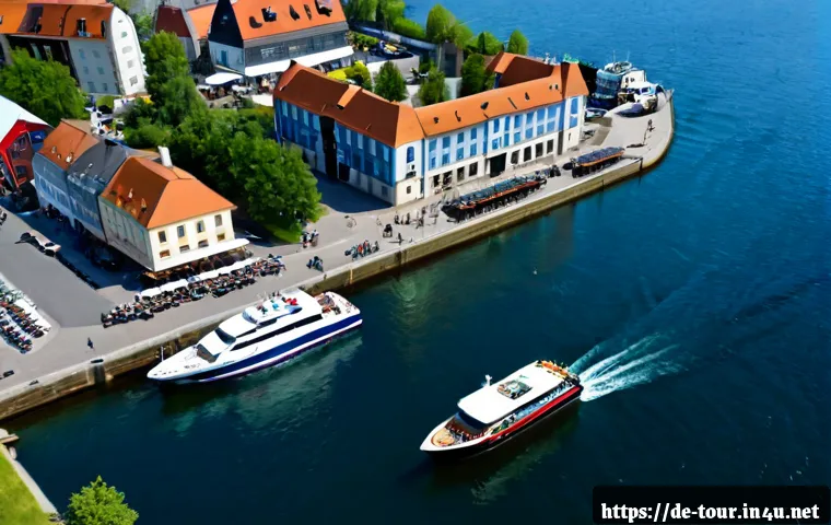 Home 17 해양 관광의 경제적 영향 - Photorealistic aerial view of a thriving German Baltic Sea harbor town in summer, busy passenger fer...